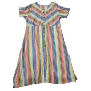 Serengetti VTG Rainbow Striped Button Front Sz 1X V-Neck 100% Cotton Midi Dress